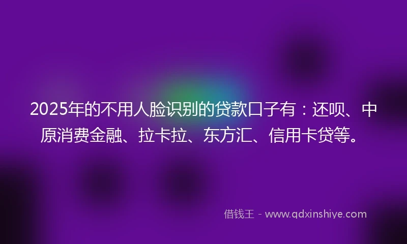 2025年的不用人脸识别的贷款口子有：还呗、中原消费金融、拉卡拉、东方汇、信用卡贷等。