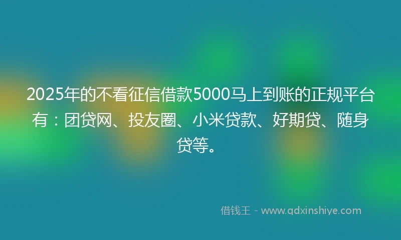 2025年的不看征信借款5000马上到账的正规平台有：团贷网、投友圈、小米贷款、好期贷、随身贷等。