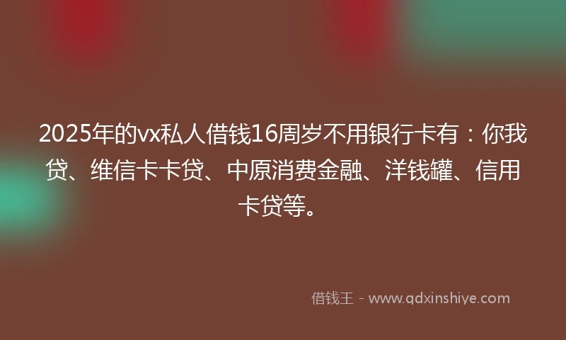 2025年的vx私人借钱16周岁不用银行卡有：你我贷、维信卡卡贷、中原消费金融、洋钱罐、信用卡贷等。