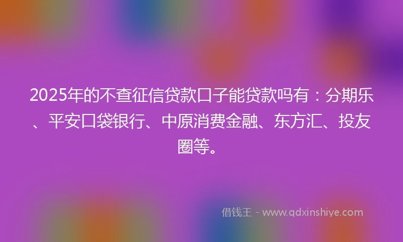 2025年的不查征信贷款口子能贷款吗有：分期乐、平安口袋银行、中原消费金融、东方汇、投友圈等。