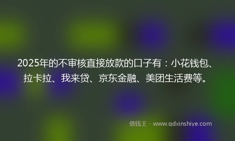 2025年的不审核直接放款的口子有：小花钱包、拉卡拉、我来贷、京东金融、美团生活费等。