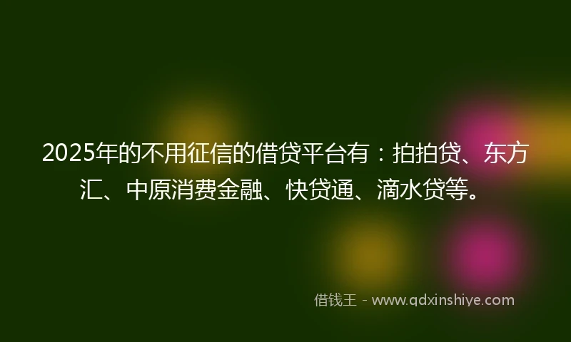 2025年的不用征信的借贷平台有：拍拍贷、东方汇、中原消费金融、快贷通、滴水贷等。