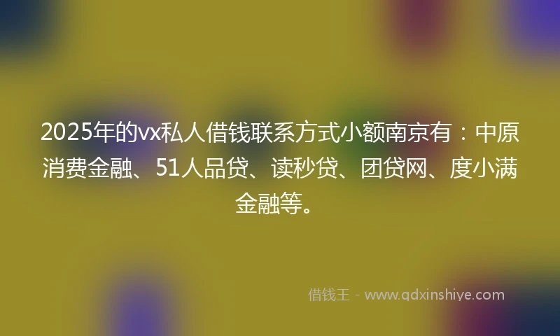 2025年的vx私人借钱联系方式小额南京有：中原消费金融、51人品贷、读秒贷、团贷网、度小满金融等。