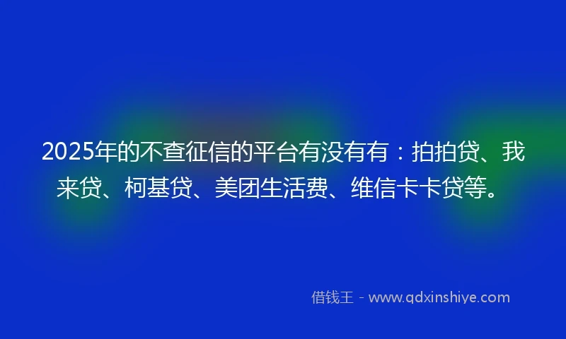 2025年的不查征信的平台有没有有：拍拍贷、我来贷、柯基贷、美团生活费、维信卡卡贷等。