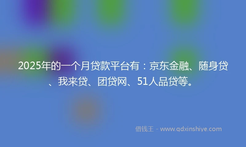 2025年的一个月贷款平台有：京东金融、随身贷、我来贷、团贷网、51人品贷等。