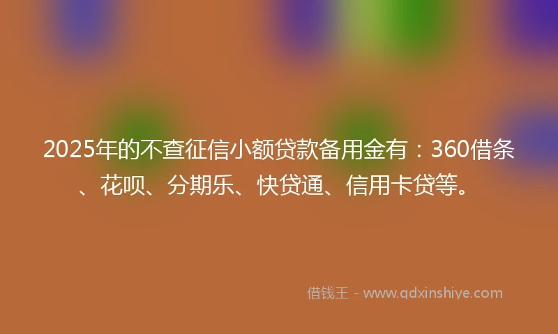 2025年的不查征信小额贷款备用金有：360借条、花呗、分期乐、快贷通、信用卡贷等。