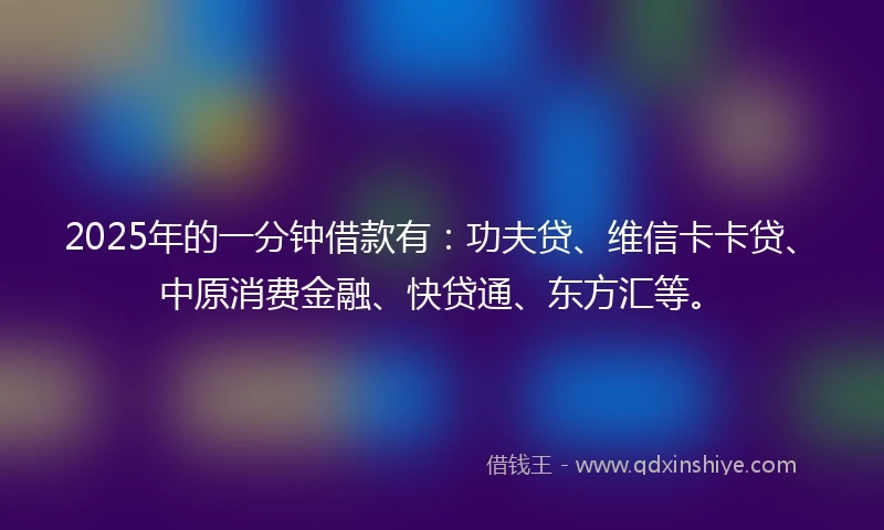 2025年的一分钟借款有：功夫贷、维信卡卡贷、中原消费金融、快贷通、东方汇等。