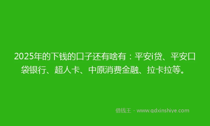 2025年的下钱的口子还有啥有：平安i贷、平安口袋银行、超人卡、中原消费金融、拉卡拉等。