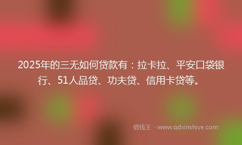 2025年的三无如何贷款有：拉卡拉、平安口袋银行、51人品贷、功夫贷、信用卡贷等。
