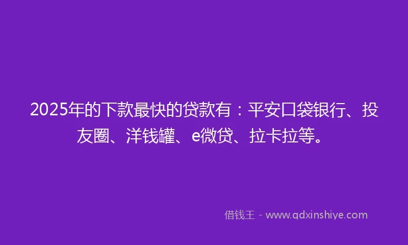2025年的下款最快的贷款有：平安口袋银行、投友圈、洋钱罐、e微贷、拉卡拉等。