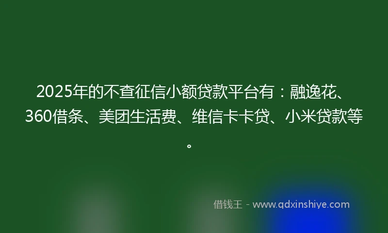 2025年的不查征信小额贷款平台有：融逸花、360借条、美团生活费、维信卡卡贷、小米贷款等。
