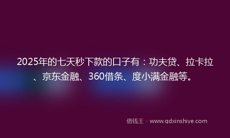 2025年的七天秒下款的口子有：功夫贷、拉卡拉、京东金融、360借条、度小满金融等。