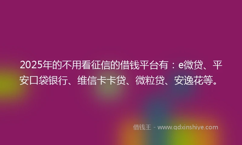 2025年的不用看征信的借钱平台有：e微贷、平安口袋银行、维信卡卡贷、微粒贷、安逸花等。