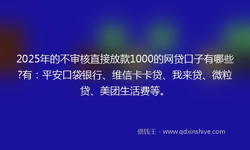 2025年的不审核直接放款1000的网贷口子有哪些?有：平安口袋银行、维信卡卡贷、我来贷、微粒贷、美团生活费等。