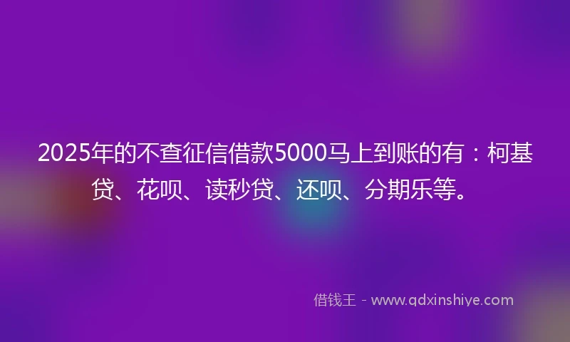 2025年的不查征信借款5000马上到账的有：柯基贷、花呗、读秒贷、还呗、分期乐等。