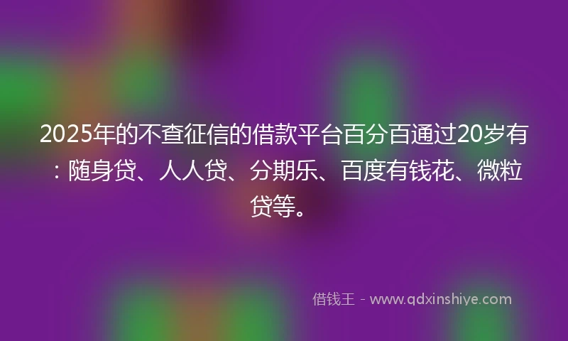 2025年的不查征信的借款平台百分百通过20岁有：随身贷、人人贷、分期乐、百度有钱花、微粒贷等。