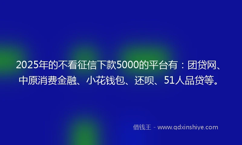 2025年的不看征信下款5000的平台有：团贷网、中原消费金融、小花钱包、还呗、51人品贷等。