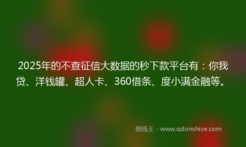 2025年的不查征信大数据的秒下款平台有：你我贷、洋钱罐、超人卡、360借条、度小满金融等。