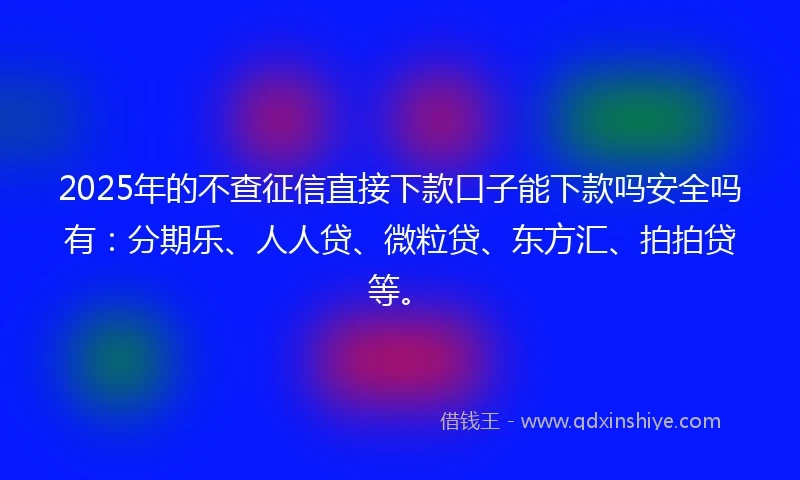 2025年的不查征信直接下款口子能下款吗安全吗有：分期乐、人人贷、微粒贷、东方汇、拍拍贷等。