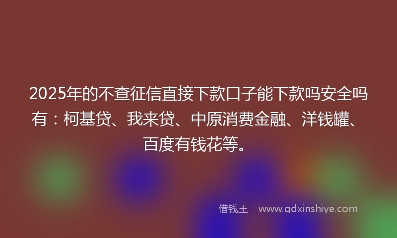 2025年的不查征信直接下款口子能下款吗安全吗有：柯基贷、我来贷、中原消费金融、洋钱罐、百度有钱花等。