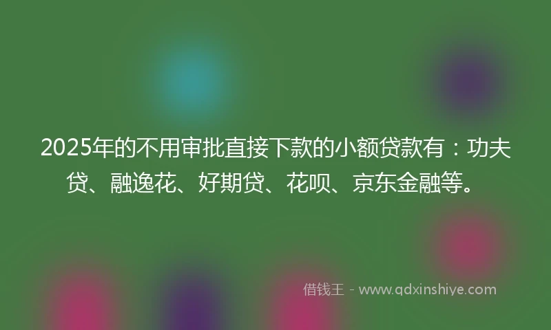 2025年的不用审批直接下款的小额贷款有：功夫贷、融逸花、好期贷、花呗、京东金融等。