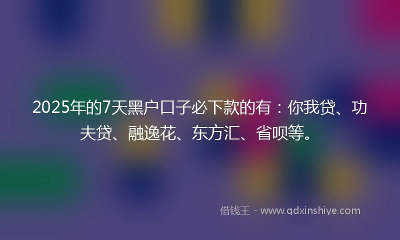 2025年的7天黑户口子必下款的有：你我贷、功夫贷、融逸花、东方汇、省呗等。