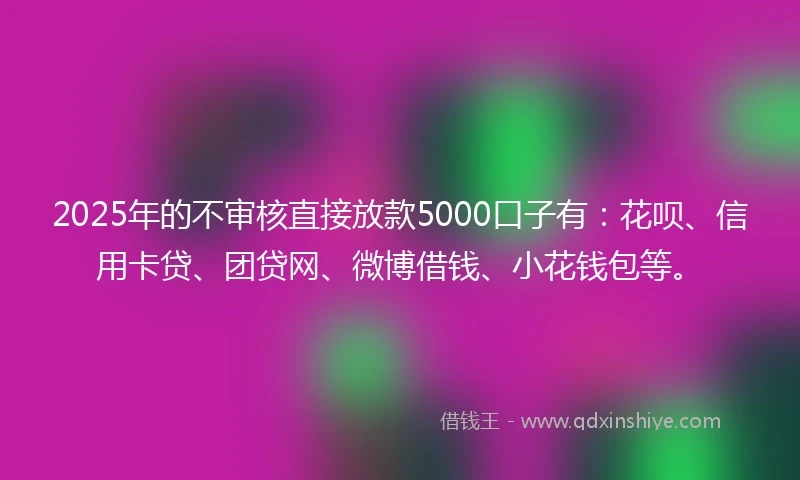2025年的不审核直接放款5000口子有：花呗、信用卡贷、团贷网、微博借钱、小花钱包等。