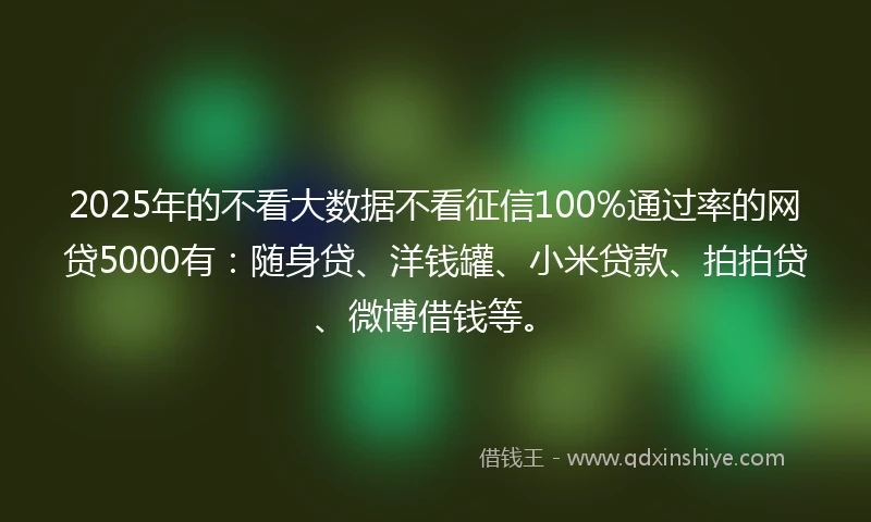 2025年的不看大数据不看征信100%通过率的网贷5000有：随身贷、洋钱罐、小米贷款、拍拍贷、微博借钱等。