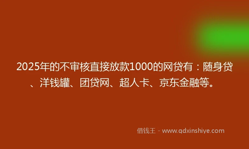 2025年的不审核直接放款1000的网贷有：随身贷、洋钱罐、团贷网、超人卡、京东金融等。