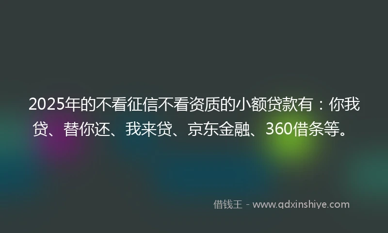 2025年的不看征信不看资质的小额贷款有：你我贷、替你还、我来贷、京东金融、360借条等。