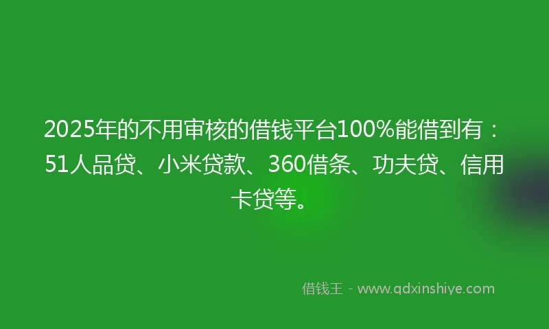 2025年的不用审核的借钱平台100%能借到有：51人品贷、小米贷款、360借条、功夫贷、信用卡贷等。