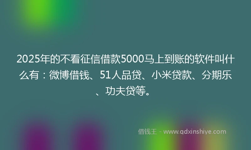 2025年的不看征信借款5000马上到账的软件叫什么有：微博借钱、51人品贷、小米贷款、分期乐、功夫贷等。