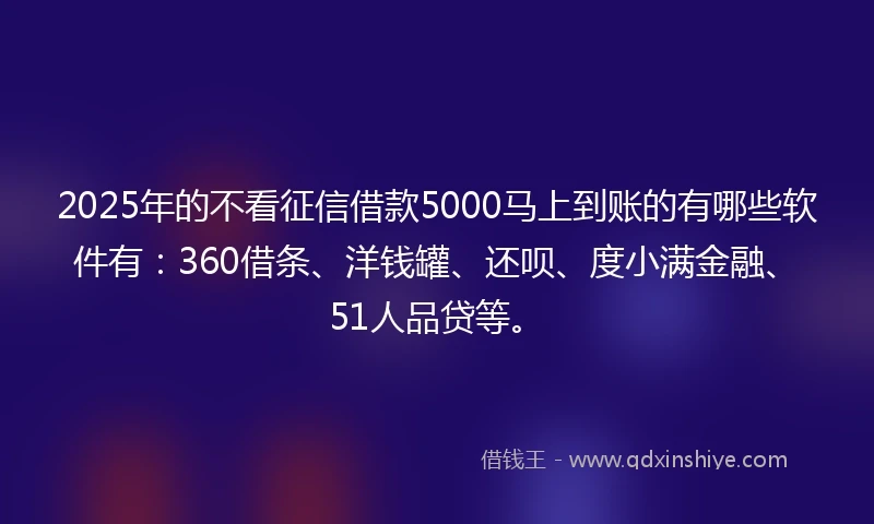 2025年的不看征信借款5000马上到账的有哪些软件有:360借条、洋钱罐、还呗、度小满金融、51人品贷等。