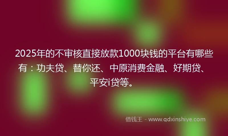 2025年的不审核直接放款1000块钱的平台有哪些有：功夫贷、替你还、中原消费金融、好期贷、平安i贷等。