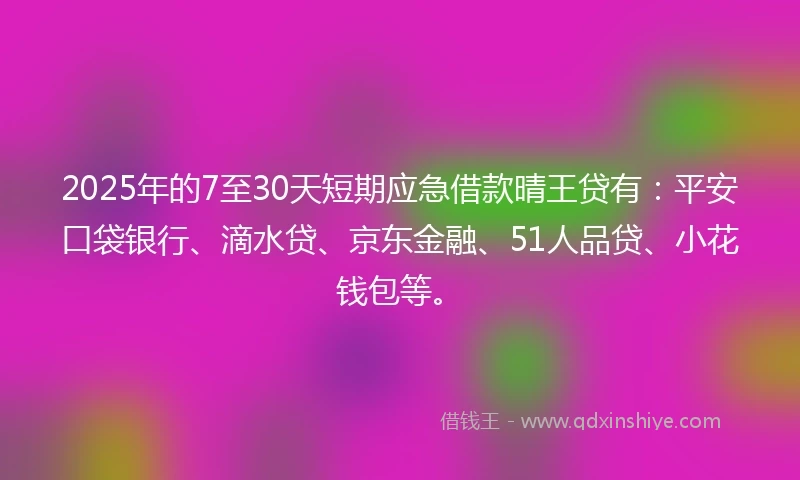 2025年的7至30天短期应急借款晴王贷有：平安口袋银行、滴水贷、京东金融、51人品贷、小花钱包等。