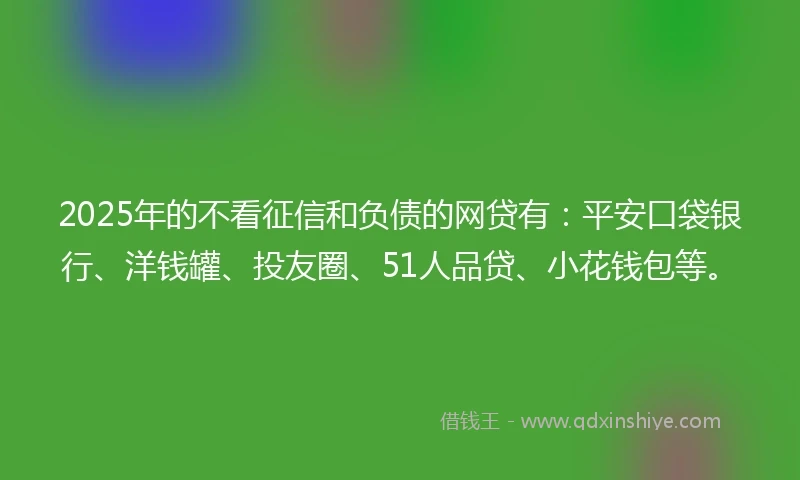 2025年的不看征信和负债的网贷有：平安口袋银行、洋钱罐、投友圈、51人品贷、小花钱包等。