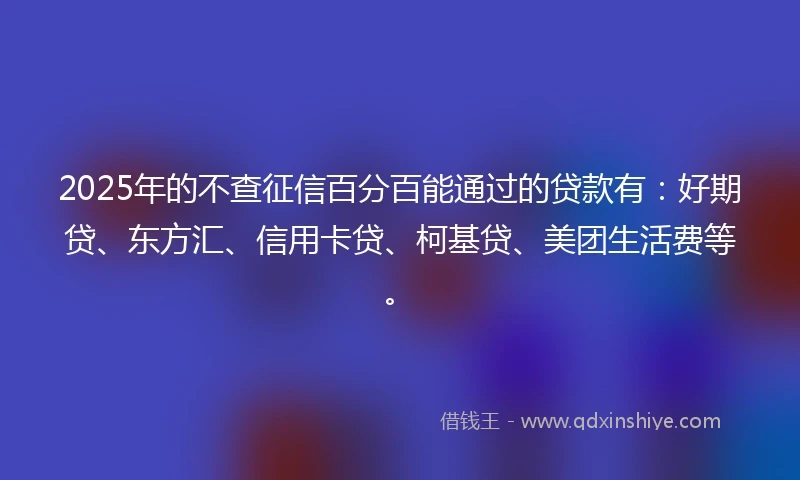 2025年的不查征信百分百能通过的贷款有：好期贷、东方汇、信用卡贷、柯基贷、美团生活费等。