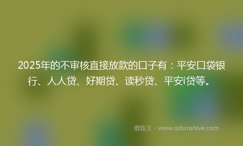 2025年的不审核直接放款的口子有：平安口袋银行、人人贷、好期贷、读秒贷、平安i贷等。