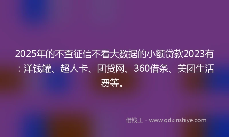 2025年的不查征信不看大数据的小额贷款2023有：洋钱罐、超人卡、团贷网、360借条、美团生活费等。