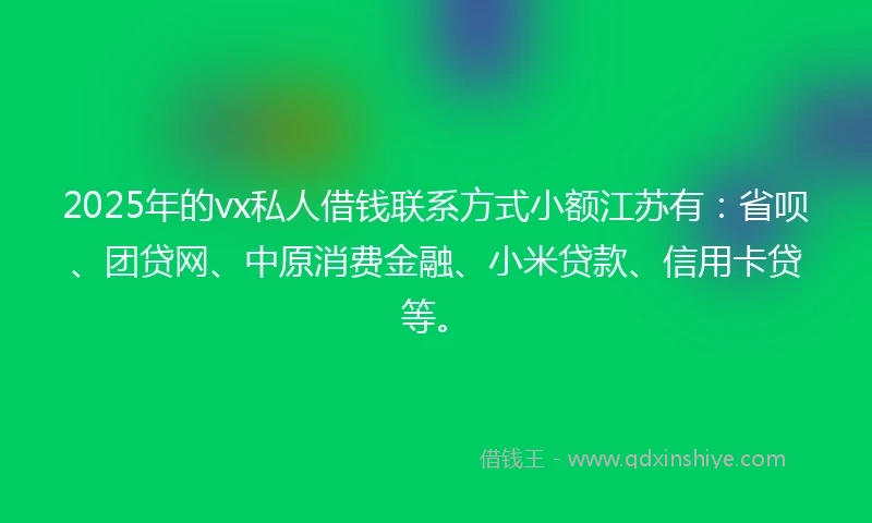 2025年的vx私人借钱联系方式小额江苏有：省呗、团贷网、中原消费金融、小米贷款、信用卡贷等。