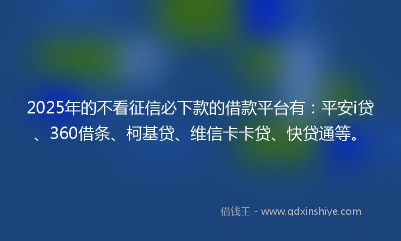 2025年的不看征信必下款的借款平台有：平安i贷、360借条、柯基贷、维信卡卡贷、快贷通等。