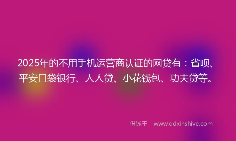 2025年的不用手机运营商认证的网贷有：省呗、平安口袋银行、人人贷、小花钱包、功夫贷等。