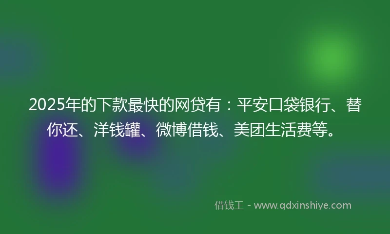 2025年的下款最快的网贷有：平安口袋银行、替你还、洋钱罐、微博借钱、美团生活费等。