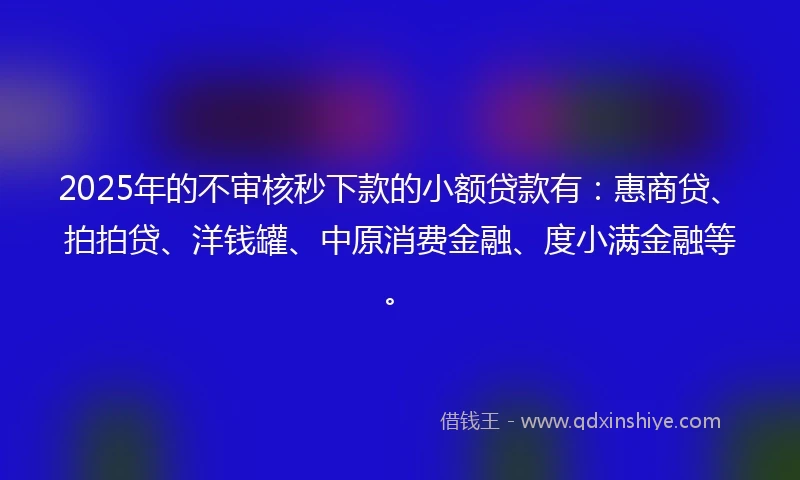 2025年的不审核秒下款的小额贷款有：惠商贷、拍拍贷、洋钱罐、中原消费金融、度小满金融等。