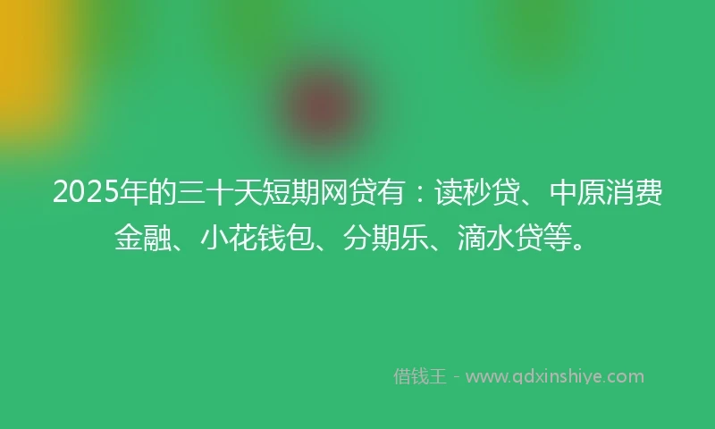 2025年的三十天短期网贷有：读秒贷、中原消费金融、小花钱包、分期乐、滴水贷等。