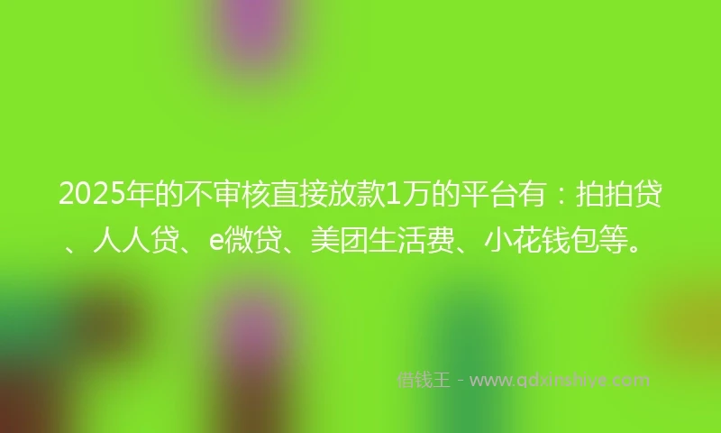 2025年的不审核直接放款1万的平台有：拍拍贷、人人贷、e微贷、美团生活费、小花钱包等。