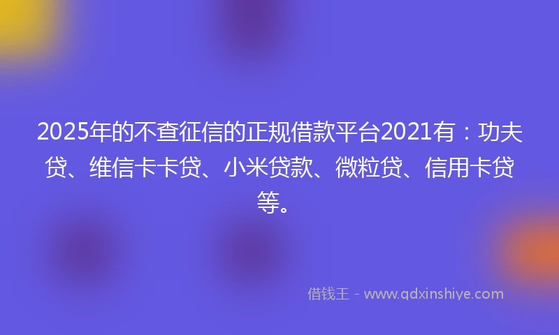 2025年的不查征信的正规借款平台2021有：功夫贷、维信卡卡贷、小米贷款、微粒贷、信用卡贷等。