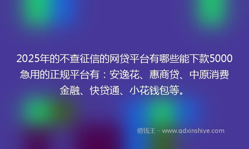 2025年的不查征信的网贷平台有哪些能下款5000急用的正规平台有：安逸花、惠商贷、中原消费金融、快贷通、小花钱包等。