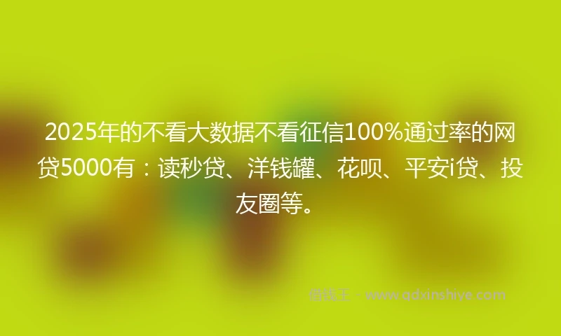 2025年的不看大数据不看征信100%通过率的网贷5000有：读秒贷、洋钱罐、花呗、平安i贷、投友圈等。