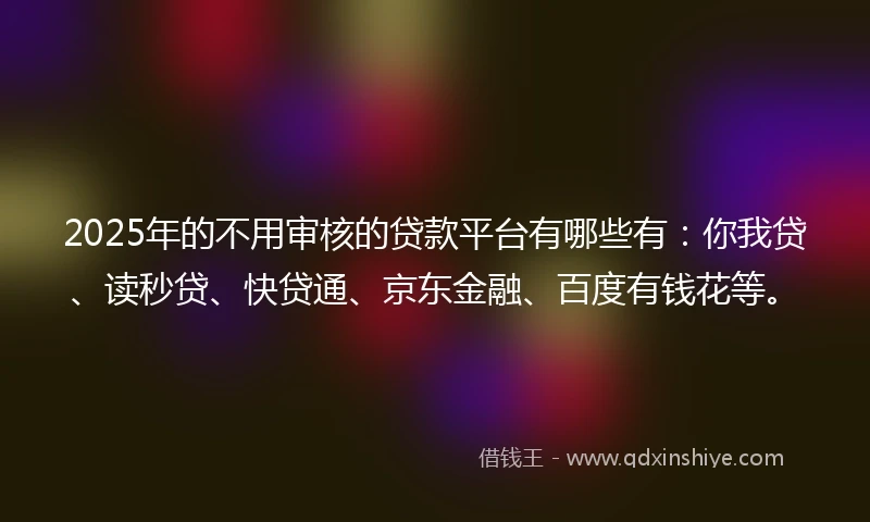 2025年的不用审核的贷款平台有哪些有：你我贷、读秒贷、快贷通、京东金融、百度有钱花等。